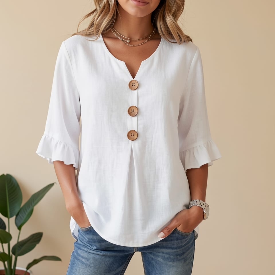 Woman wearing a white, ruffled-sleeve top with wooden buttons