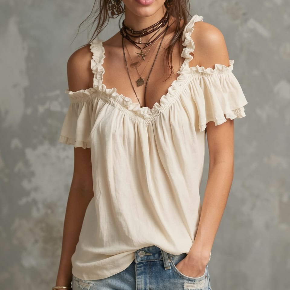 Woman wearing a white off-the-shoulder ruffled blouse with layered necklaces