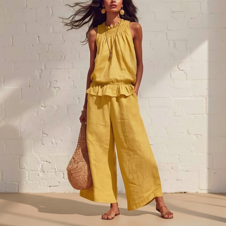 Woman wearing yellow two-piece outfit with ruffled vest top and straight-leg pants