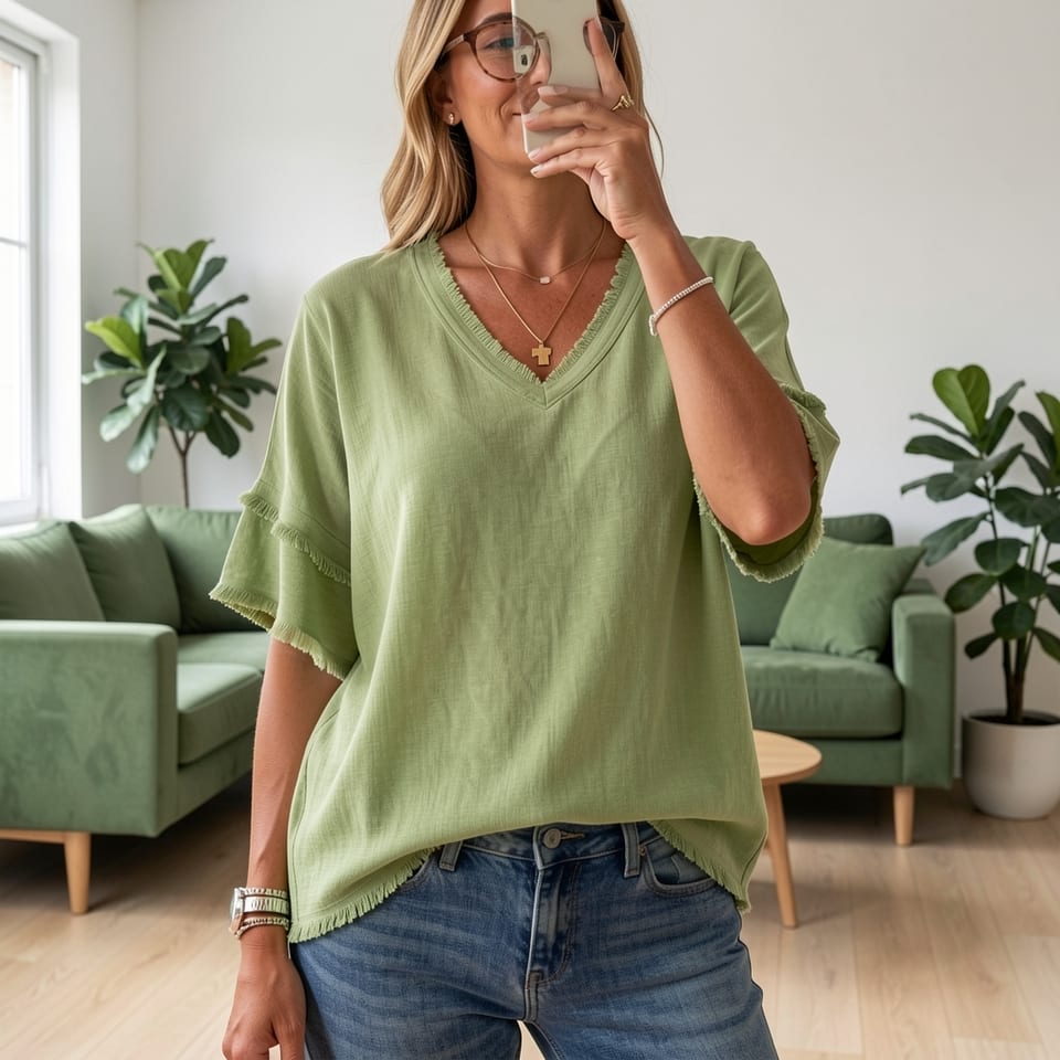 Woman wearing a green V-neck short sleeve loose fit shirt with frayed edges