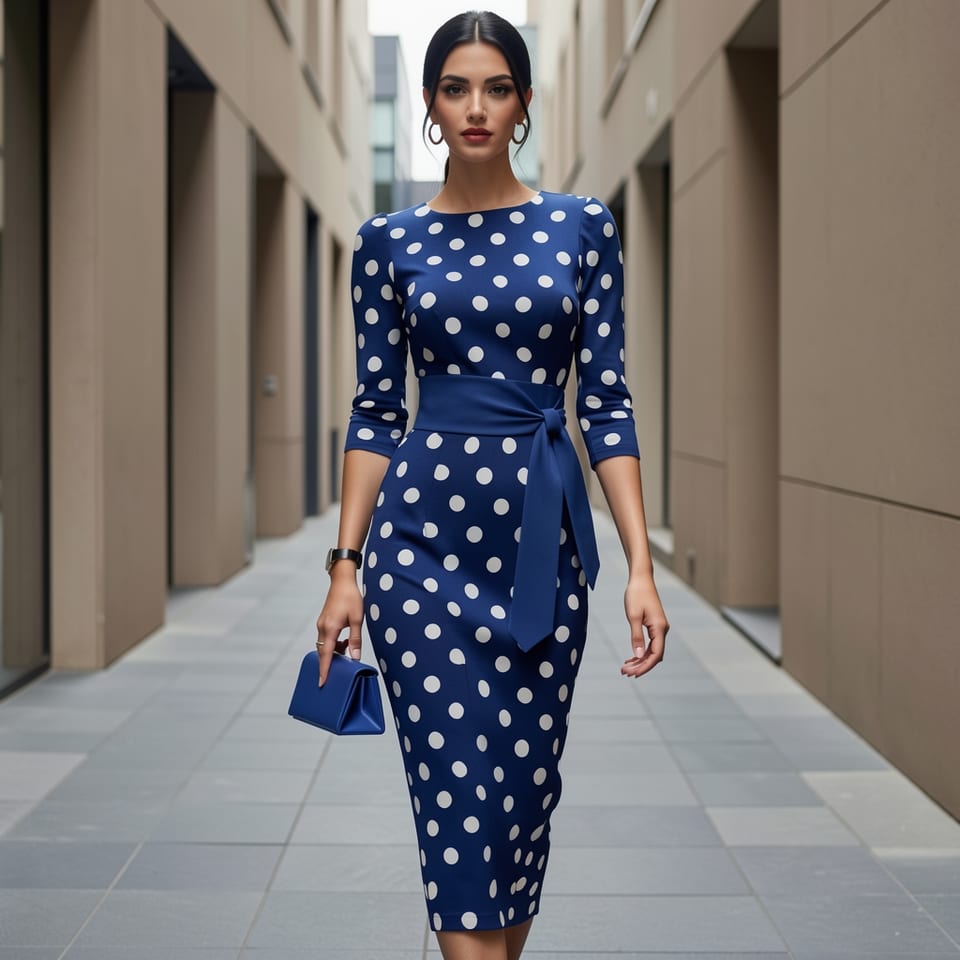 Woman wearing a blue and white polka dot dress with a waist belt.