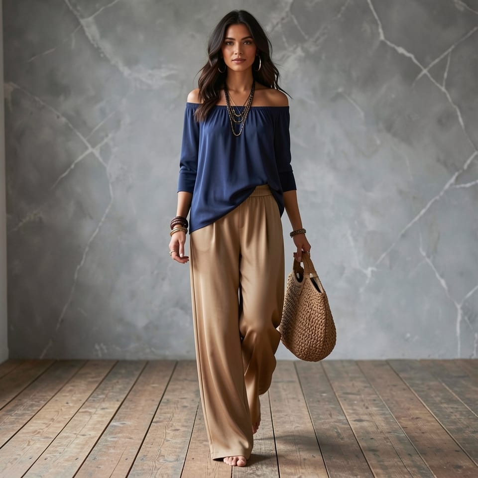 Woman wearing off-shoulder blue top and brown pants walking