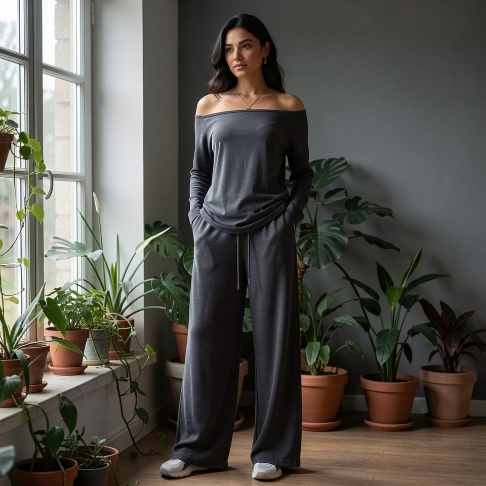 Woman wearing a dark gray off-the-shoulder long-sleeve top with wide-leg pants